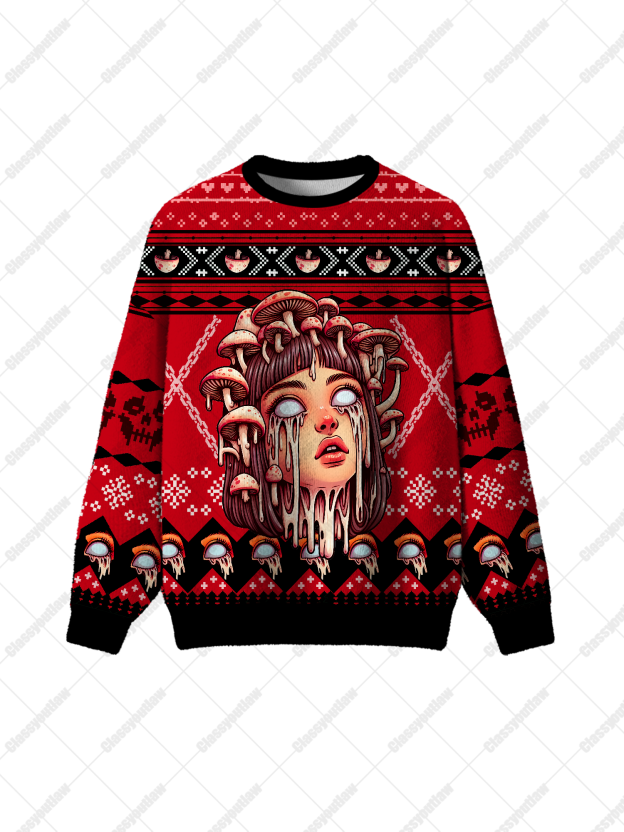 White-Eyed Mushroom Girl UGLY CHRISTMAS SWEATSHIRT