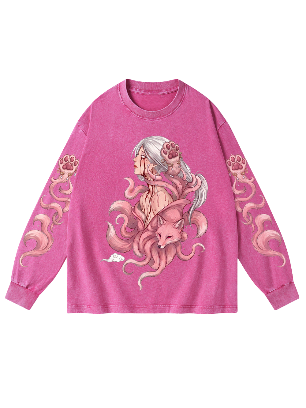 NINE-TAILED FOX GODDESS WASHED LONG-SLEEVE GRAPHIC TSHIRT