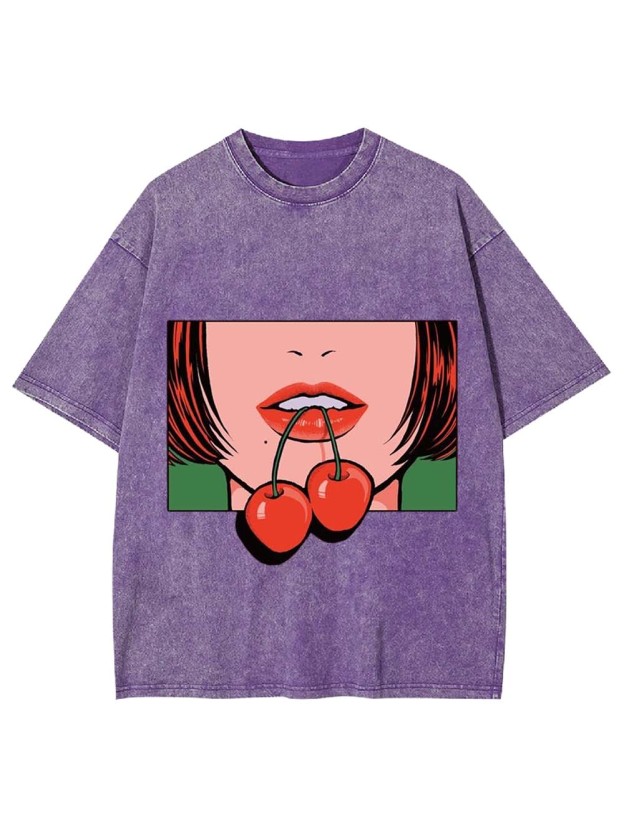Red Lips Cherry Washed Tshirt