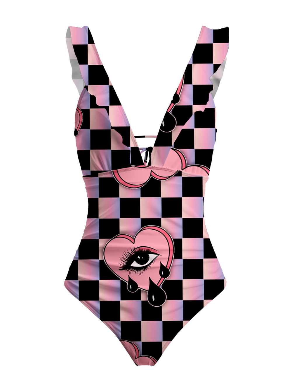 PINK CHECKERED CRYING HEART V-NECK ONE PIECE SWIMSUIT