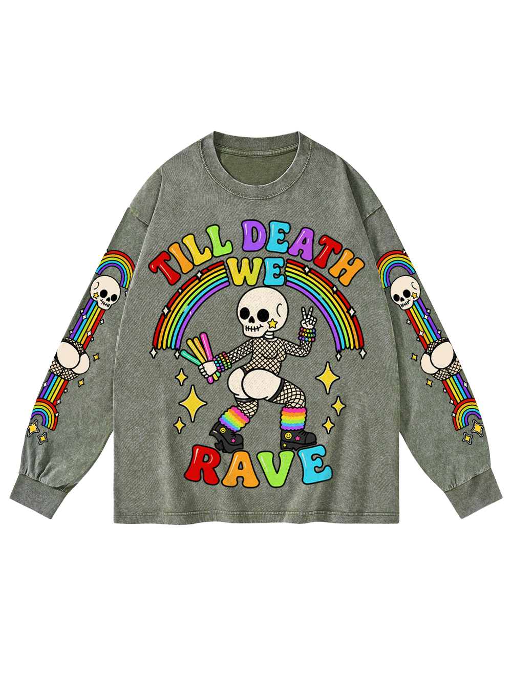 RAVE SKELETON WASHED LONG-SLEEVE GRAPHIC TSHIRT