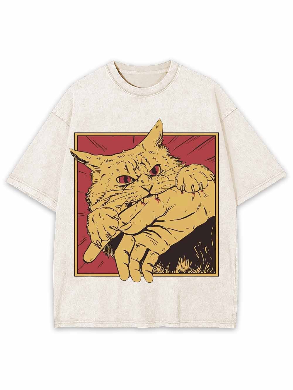 Defensive Cat with Stick Washed Tshirt