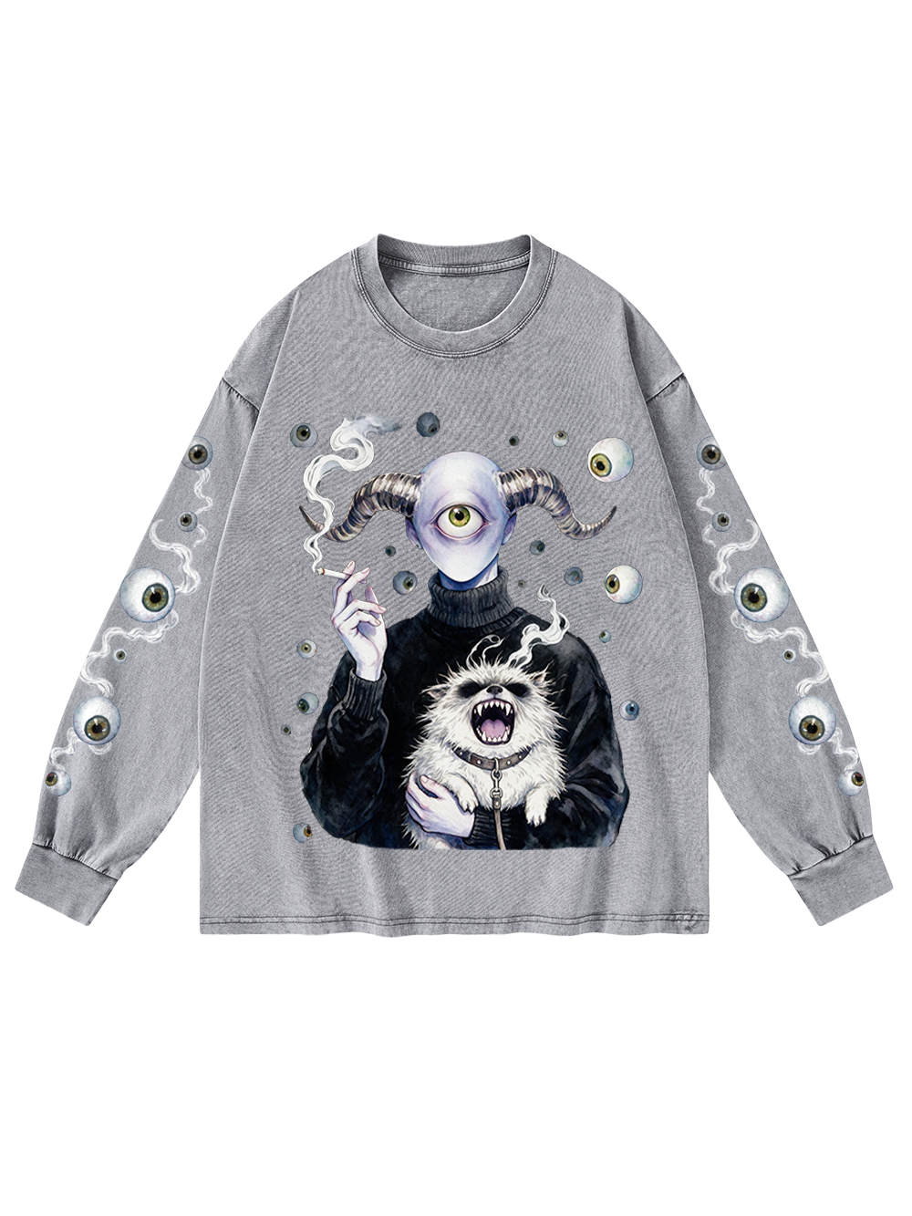 CYCLOPS DEMON MONSTER WASHED LONG-SLEEVE GRAPHIC TSHIRT