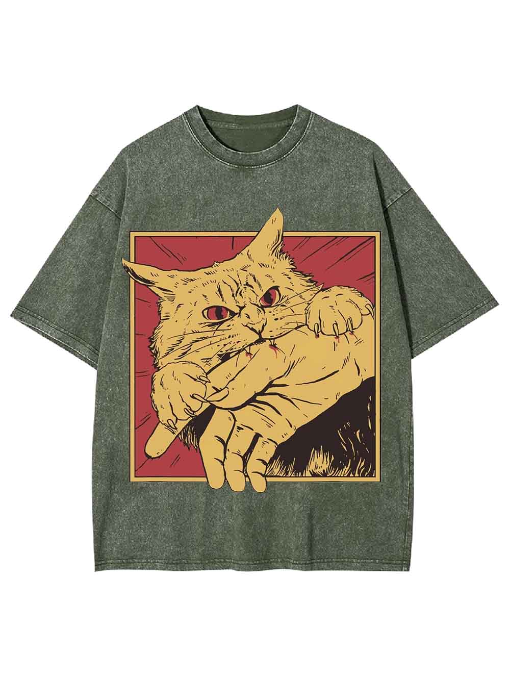 Defensive Cat with Stick Washed Tshirt