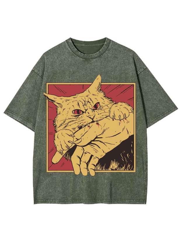 Defensive Cat with Stick Washed Tshirt