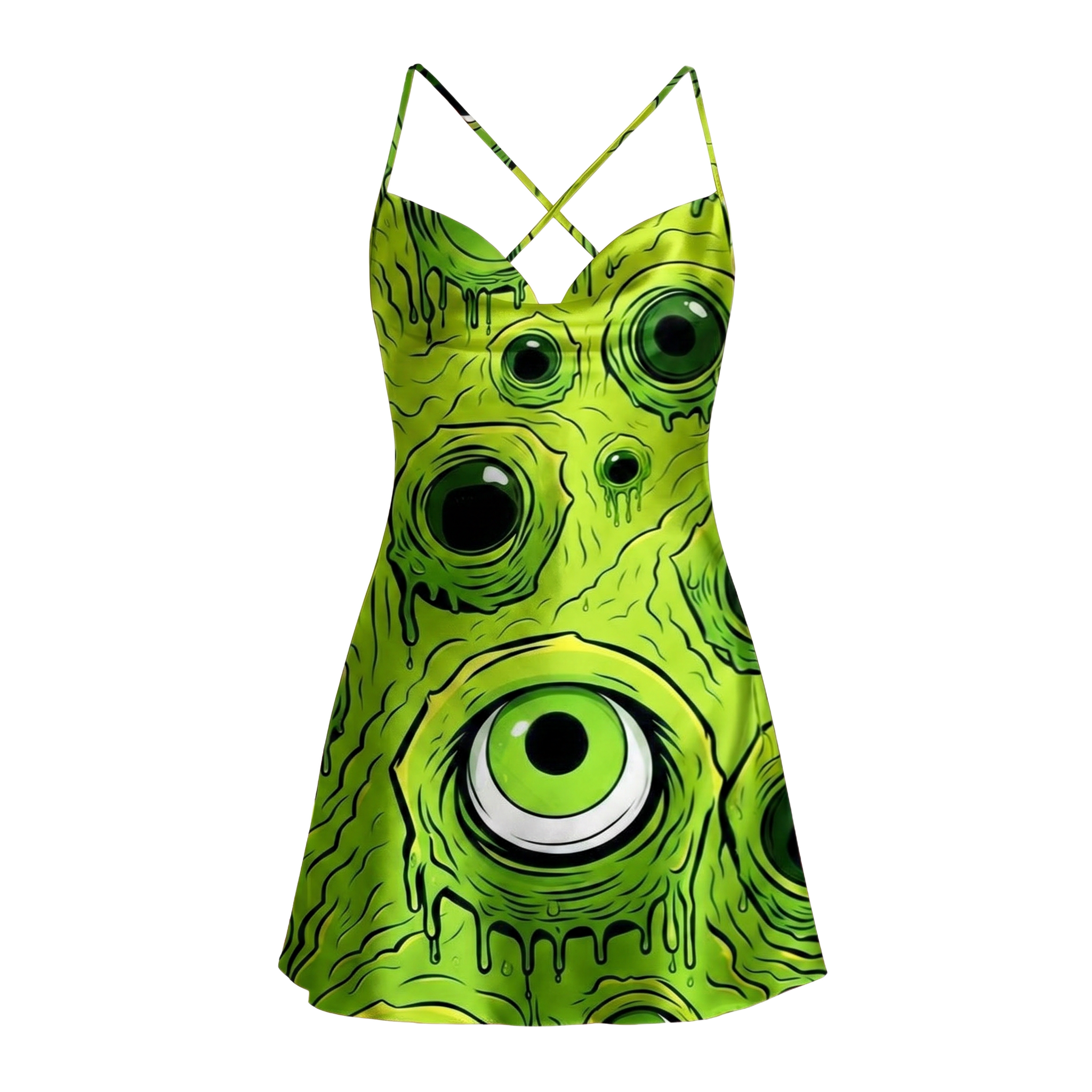 NEON GREEN CYCLOPS SATIN CROSS BACK MINI DRESS