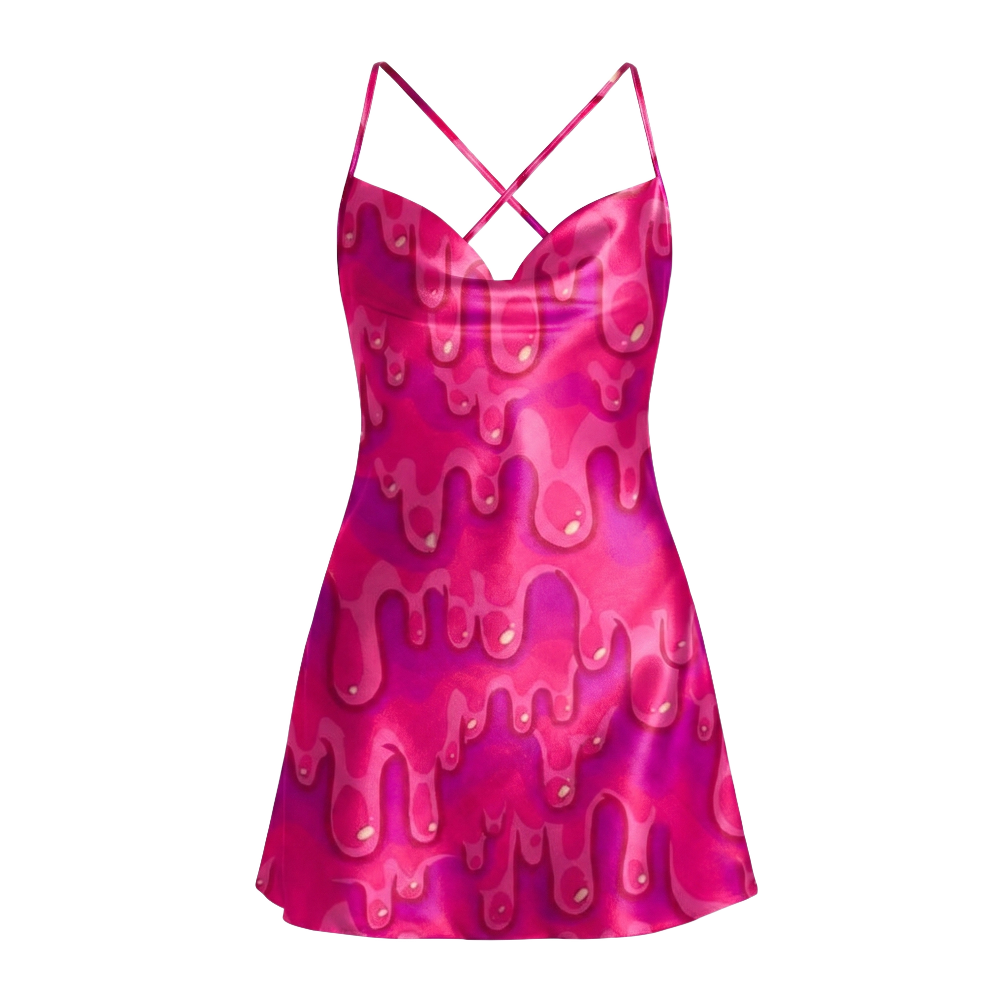 HOT PINK PSYCHEDELIC DRIP SATIN CROSS BACK MINI DRESS