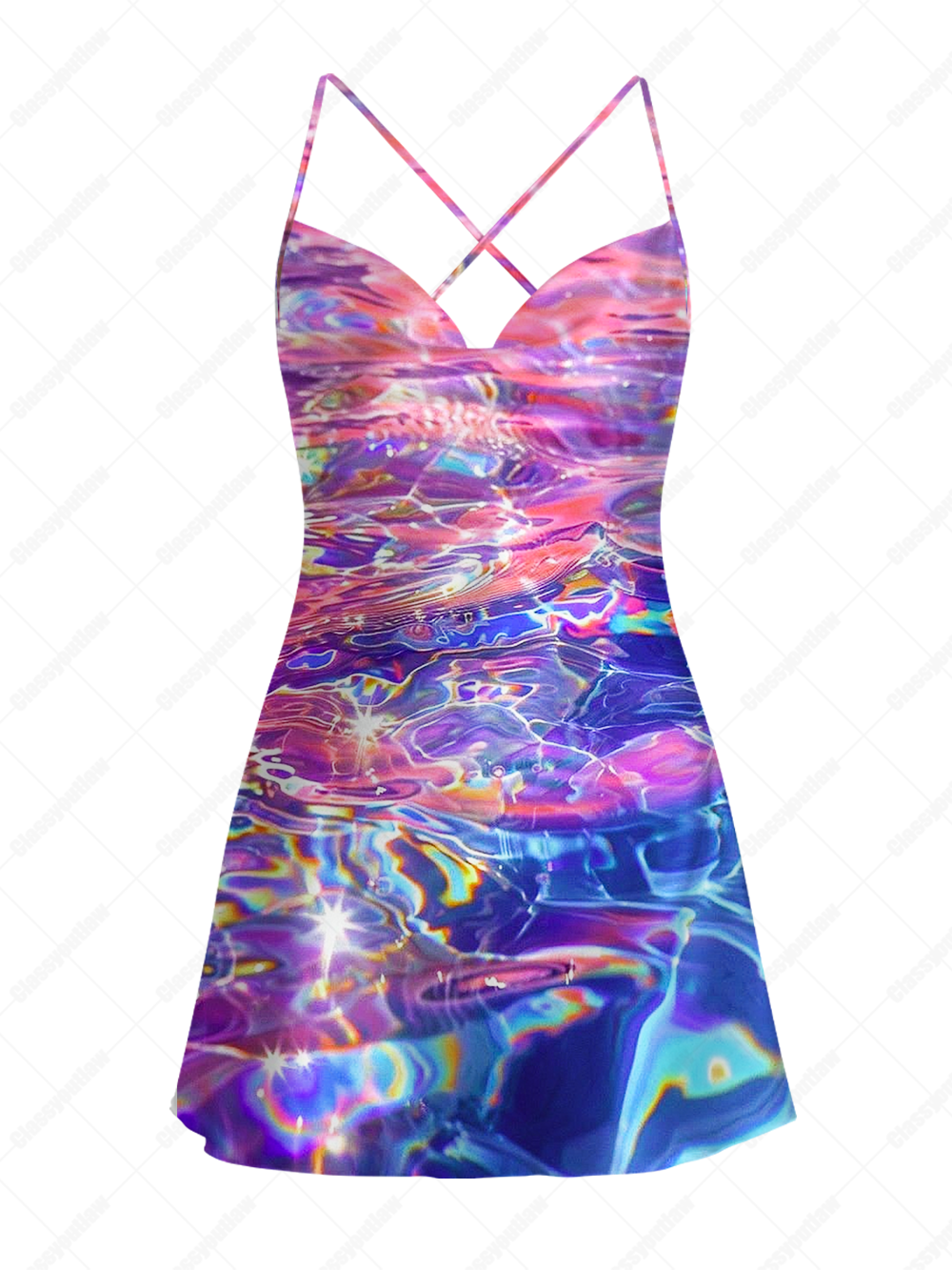 HOLOGRAPHIC SLIP SATIN CROSS BACK MINI DRESS