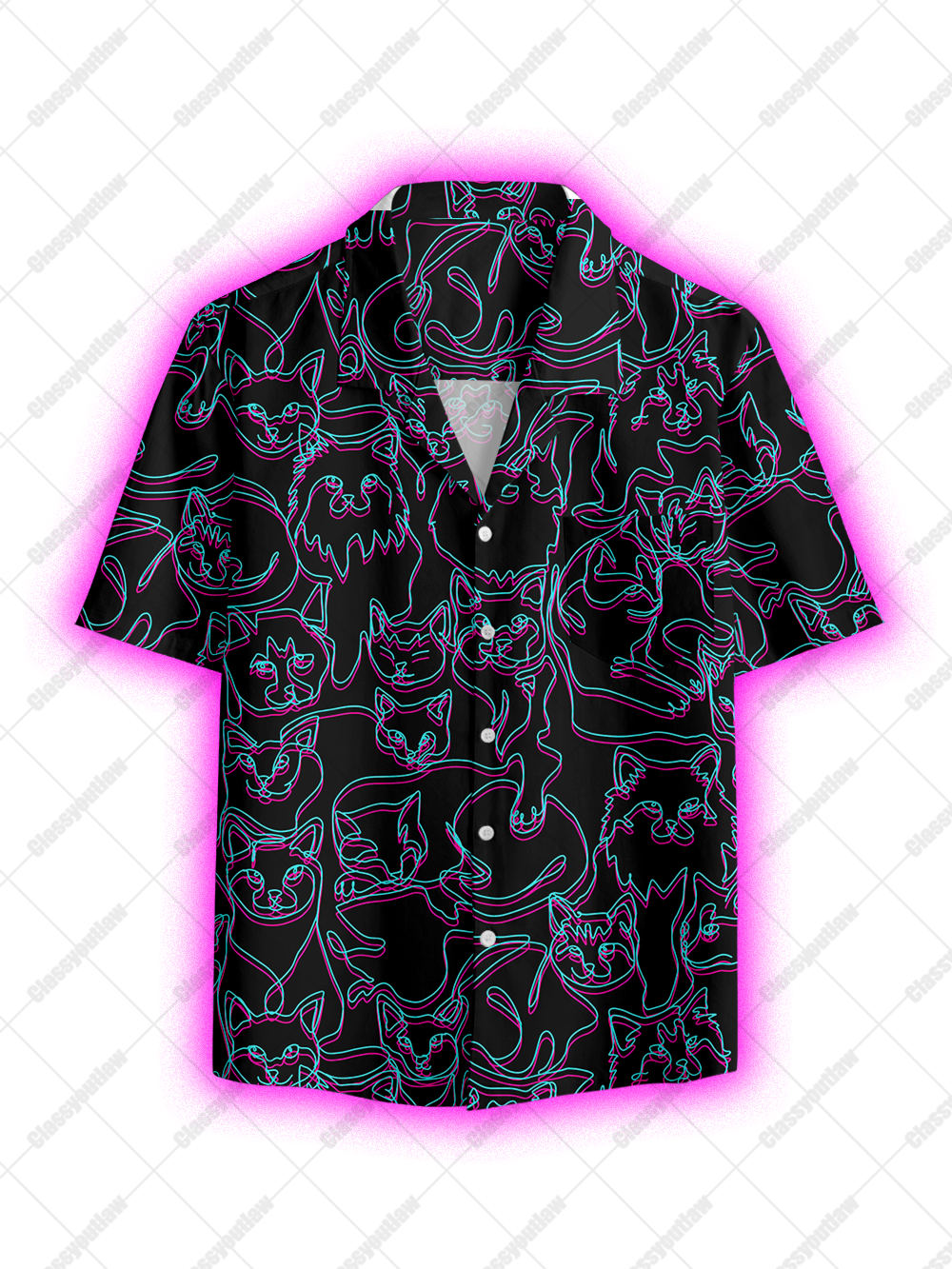 NEON CATS BUTTON UP POCKET SHIRT