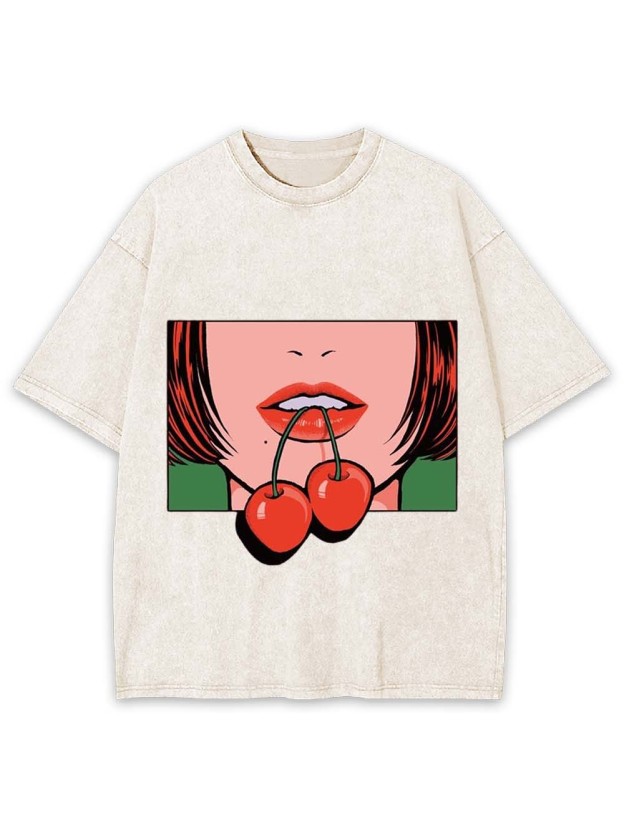 Red Lips Cherry Washed Tshirt