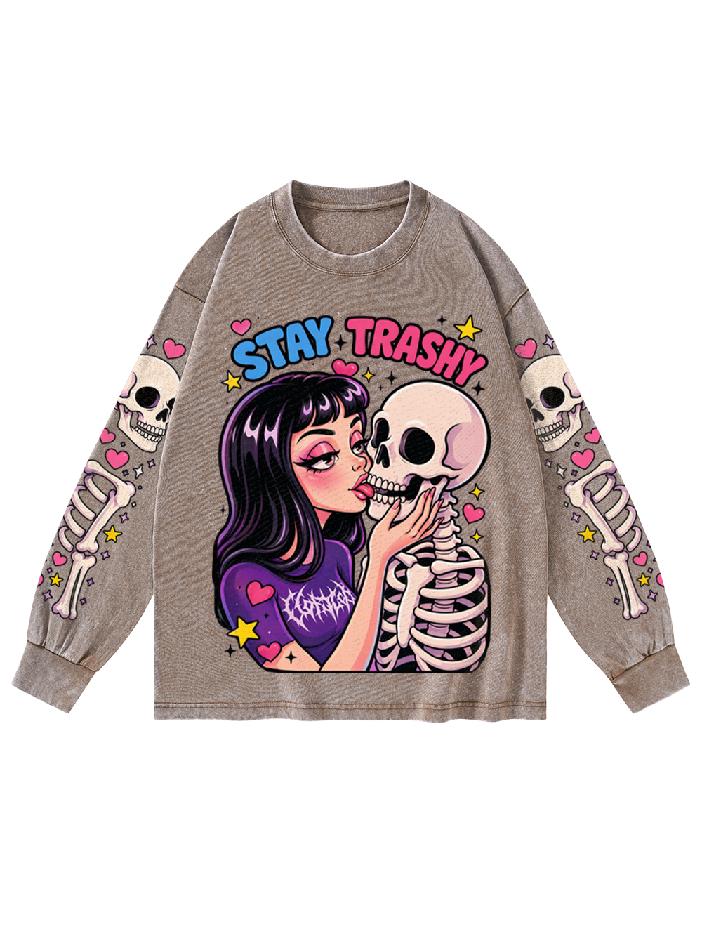 SKULL KISS WASHED LONG-SLEEVE GRAPHIC TSHIRT
