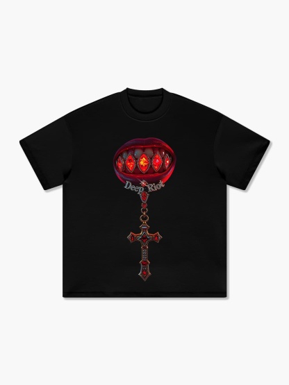 Bold Graphic T-shirt with Red Lips and Gemstone Details