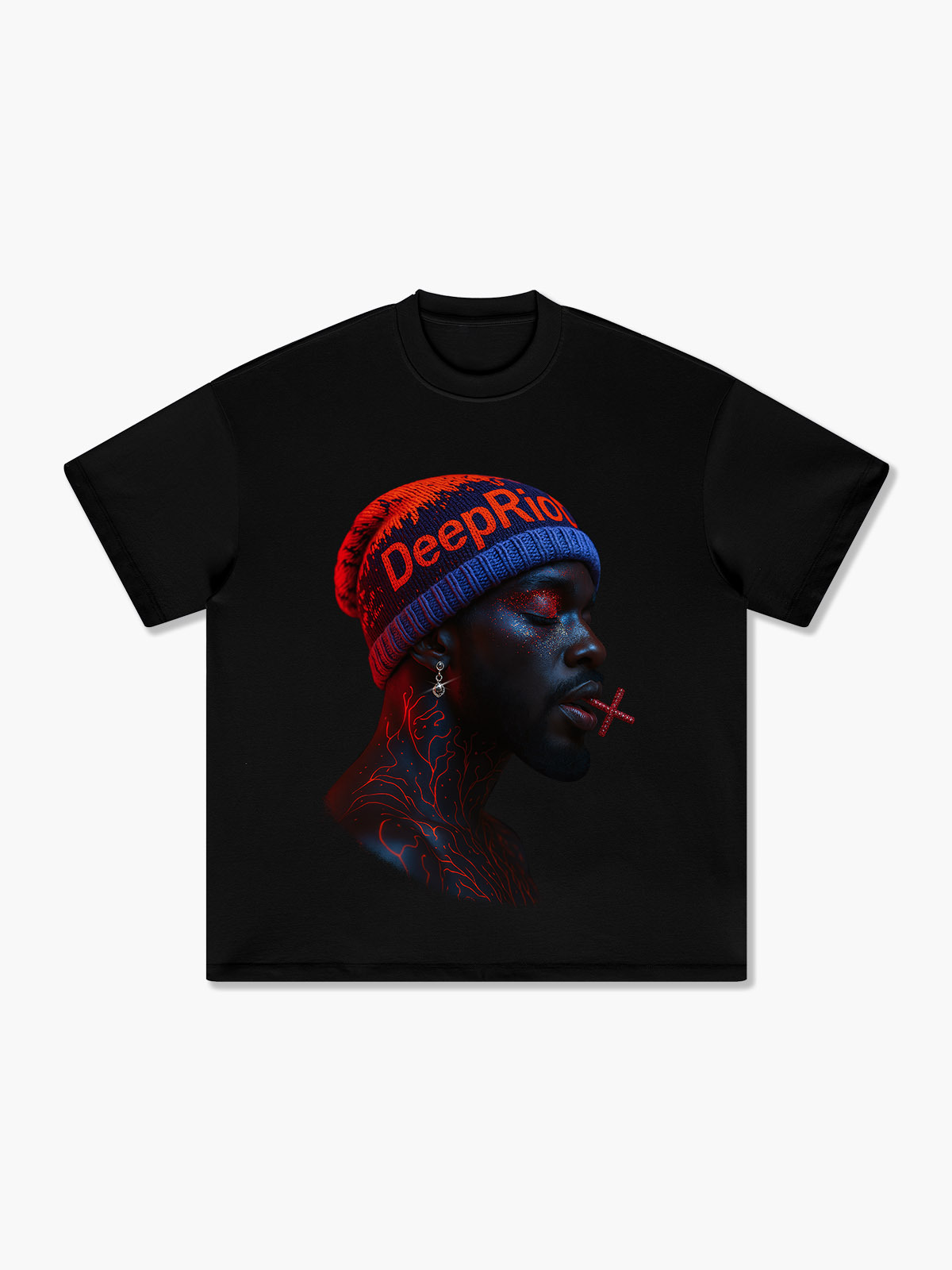 Edgy Black T-shirt with DeepRiot Knit Hat Graphic – Street Culture Sty