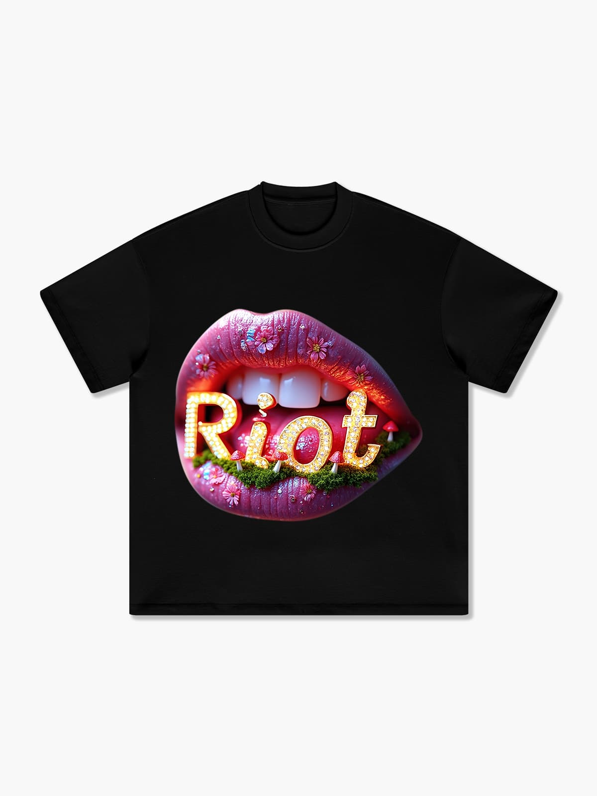 Riot Neon Lips Graphic T-shirt – Bold Floral & Illuminated Design