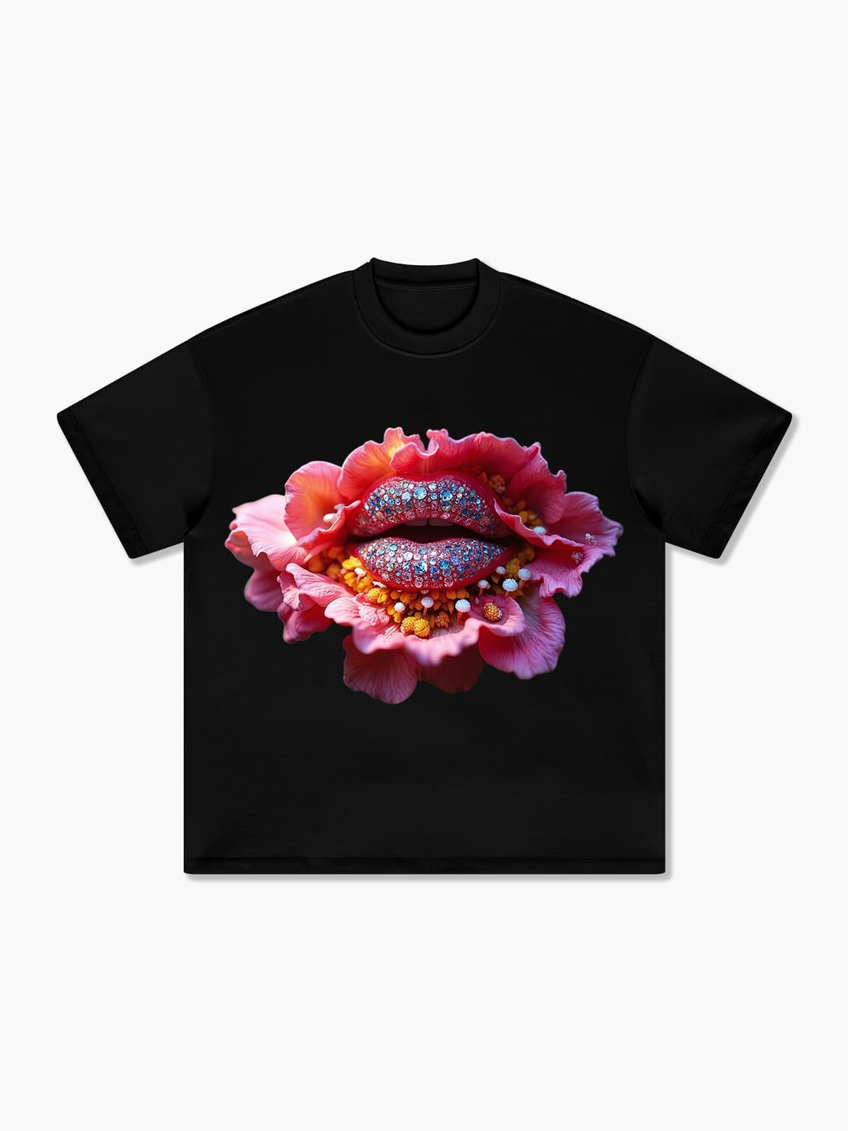 Glitter Lips Floral Bold Graphic  T-Shirt