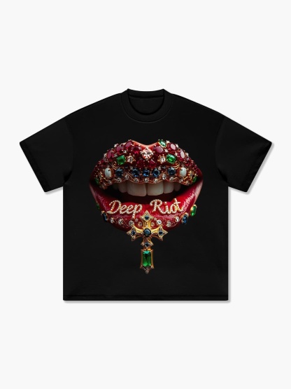 Deep Riot Jeweled Lips Statement Graphic Tee