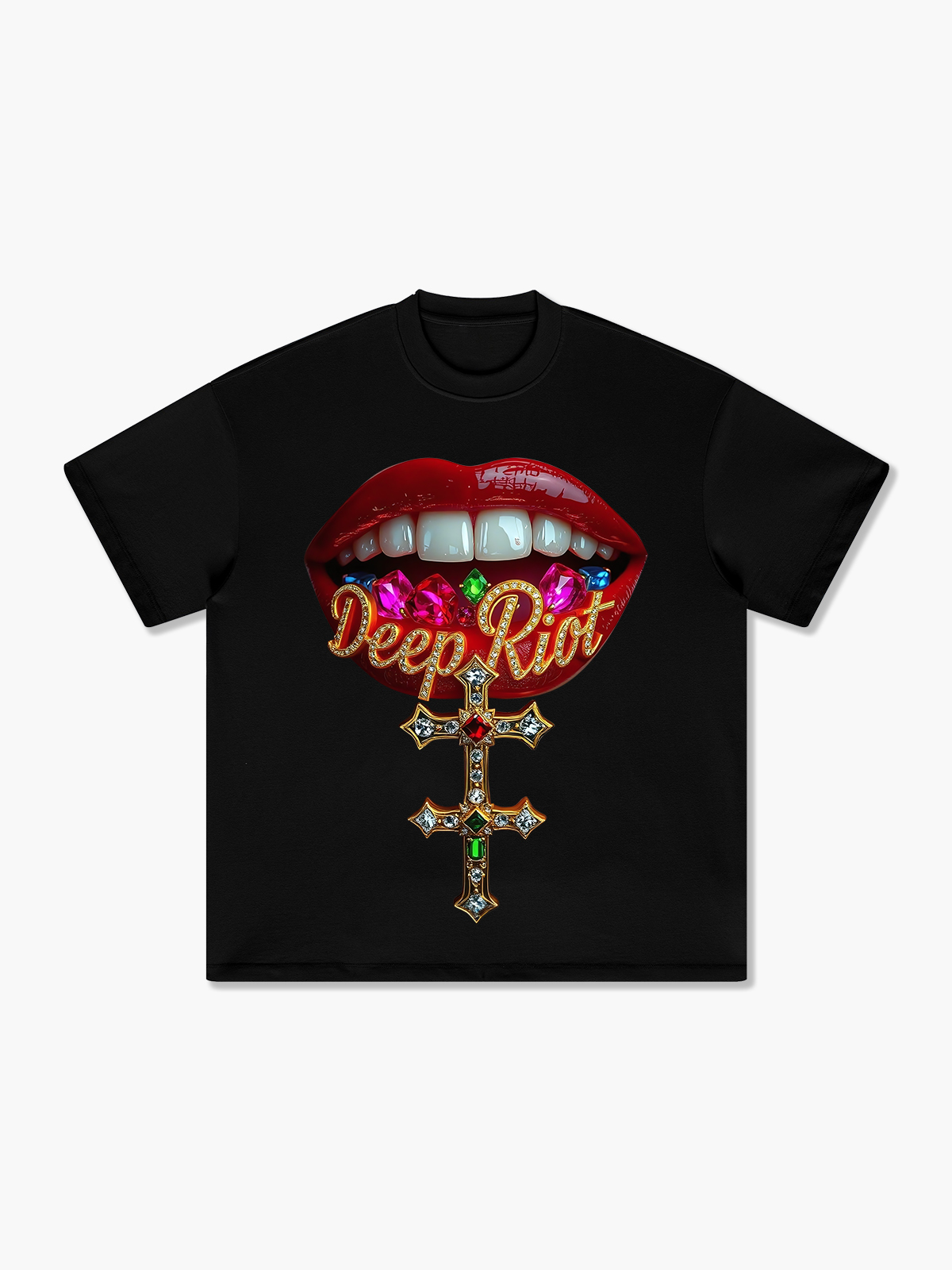 Bold Graphic Deep Riot Cross Design Jeweled Lips T-Shirt