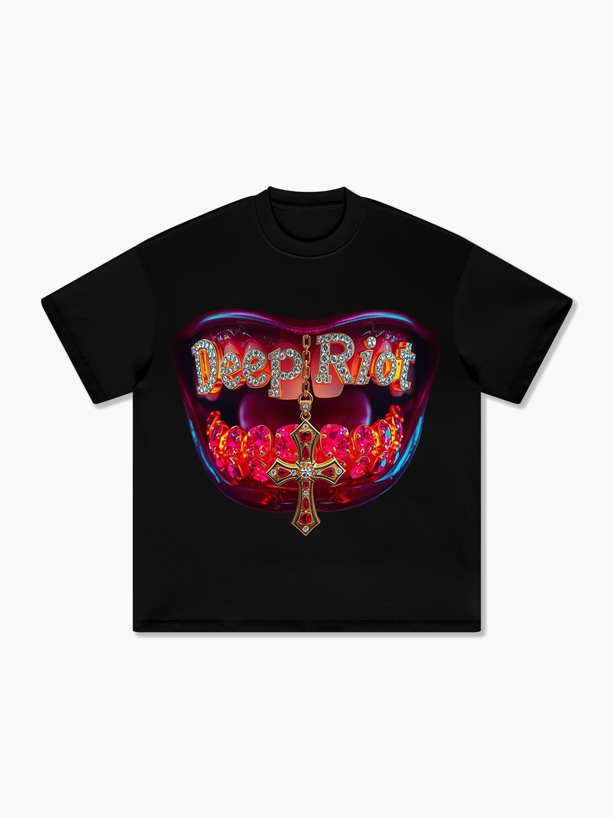 Demon Mouth Glimmering Gemstones Cross T-Shirt