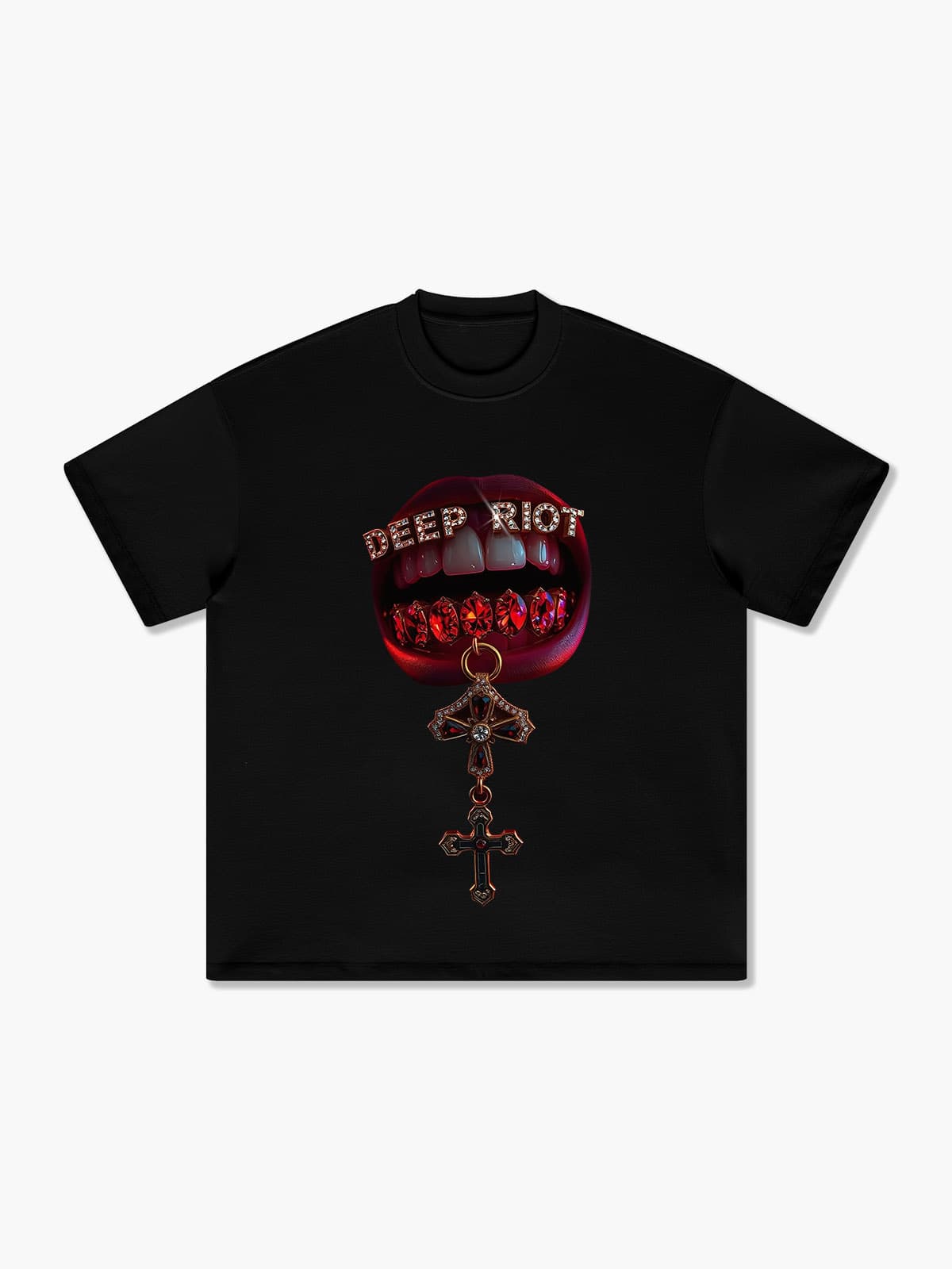 Heavyweight Cotton Lip Gem Cross Deep Riot Print T-Shirt