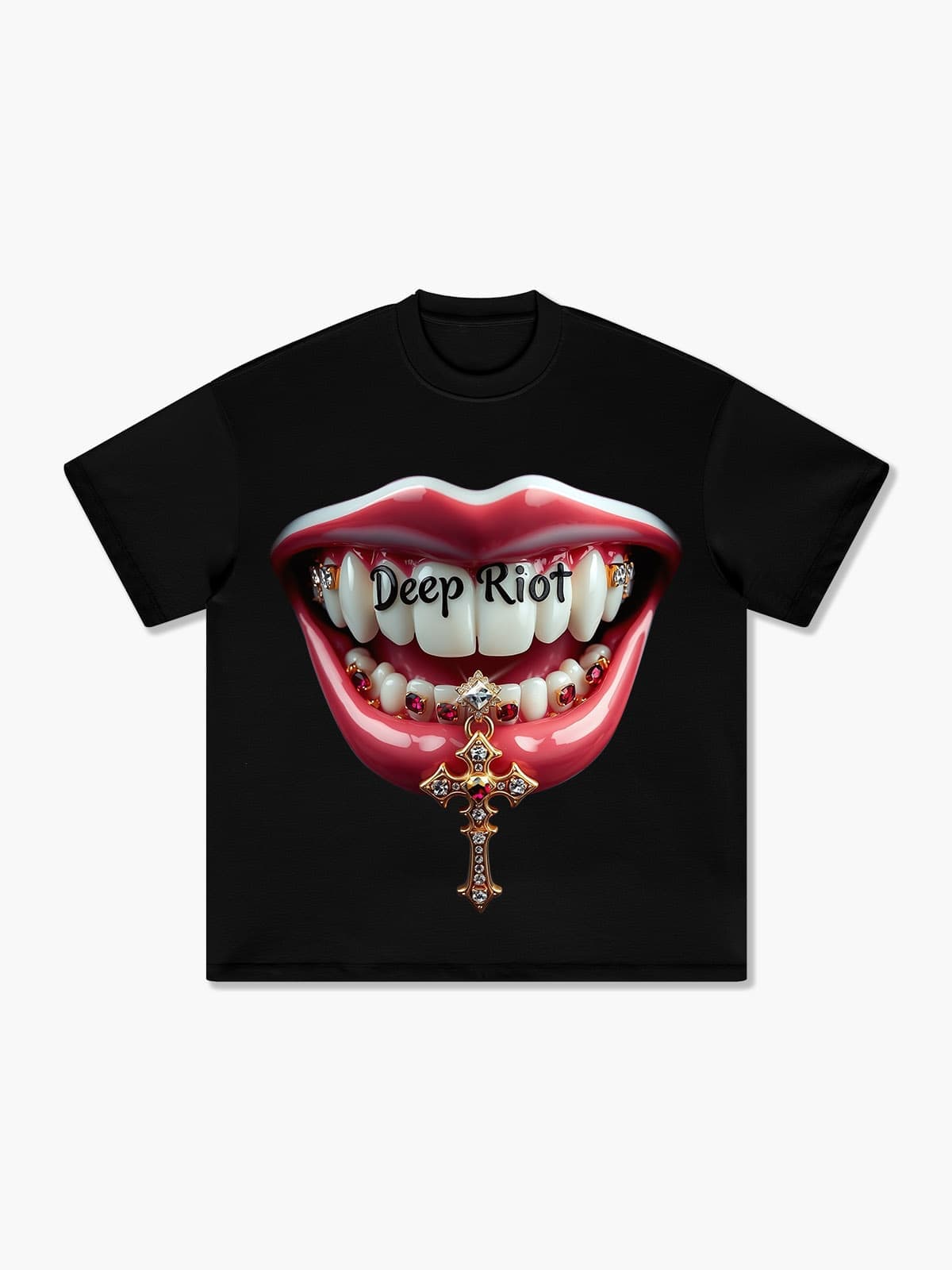 Deep Riot Clown Smile T-Shirt with Gemstone Cross Pendant