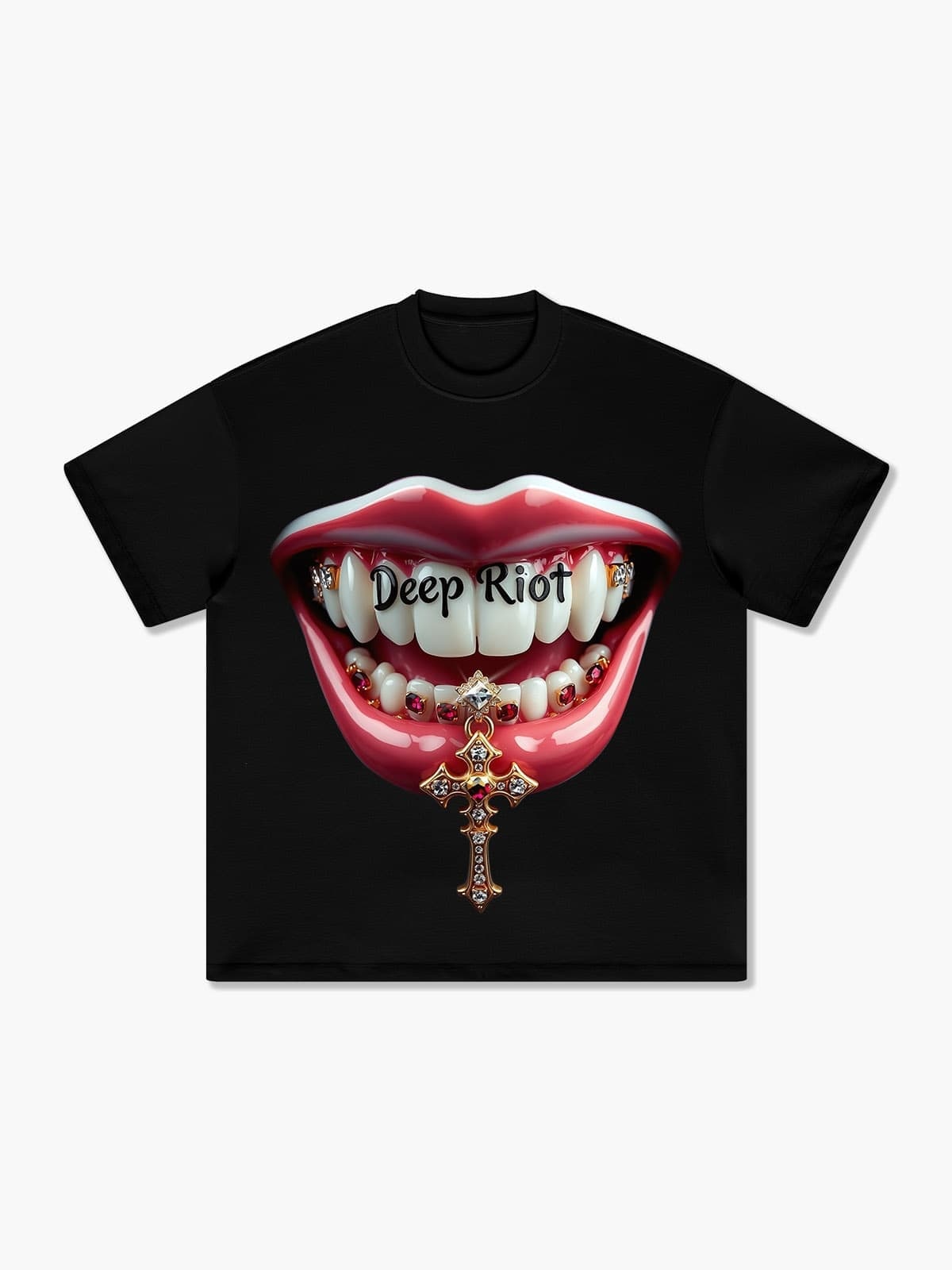 Deep Riot Clown Smile T-Shirt with Gemstone Cross Pendant