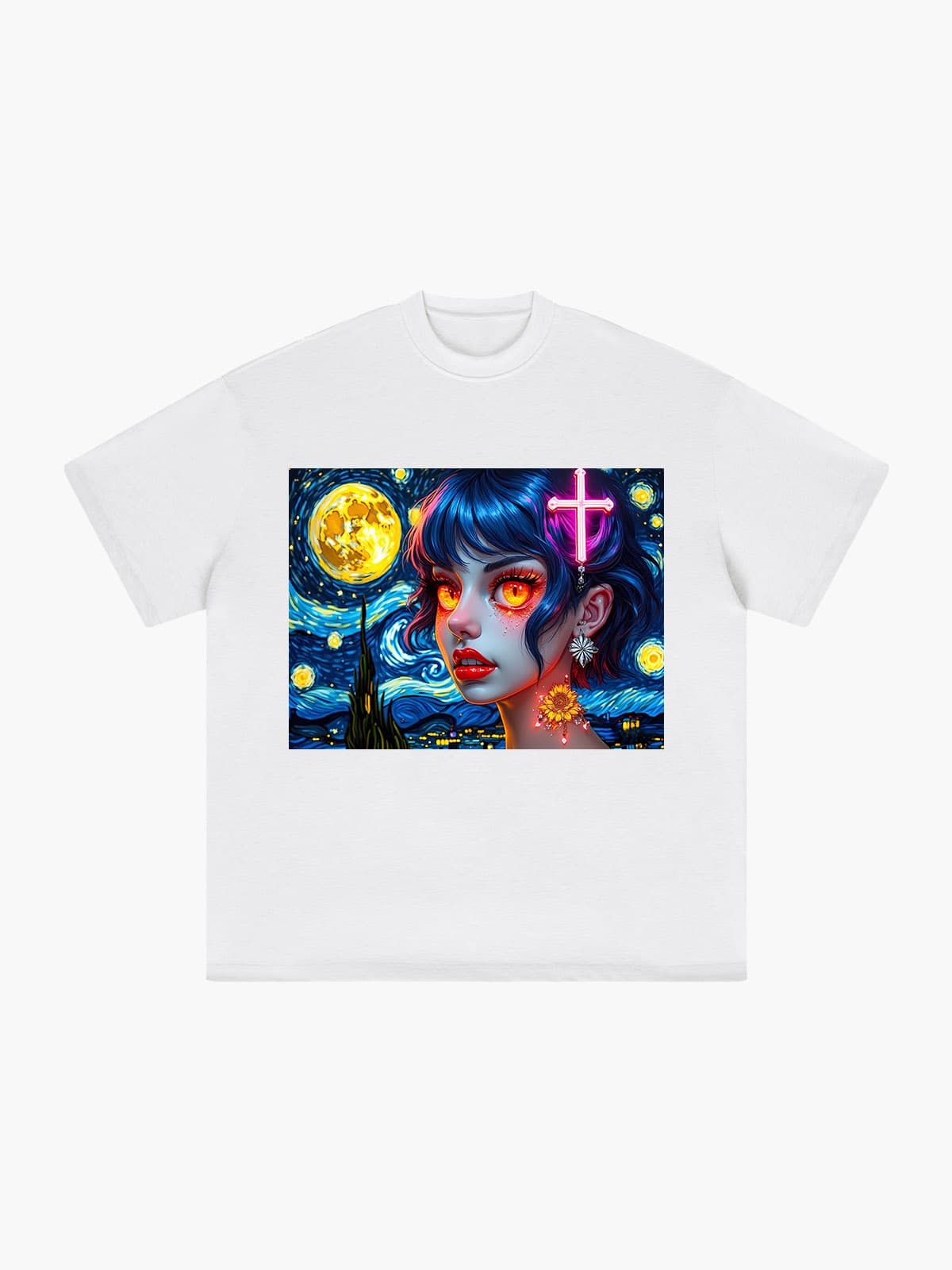Neon Cross Girl T-shirt Artistic Graphic Print  Tee