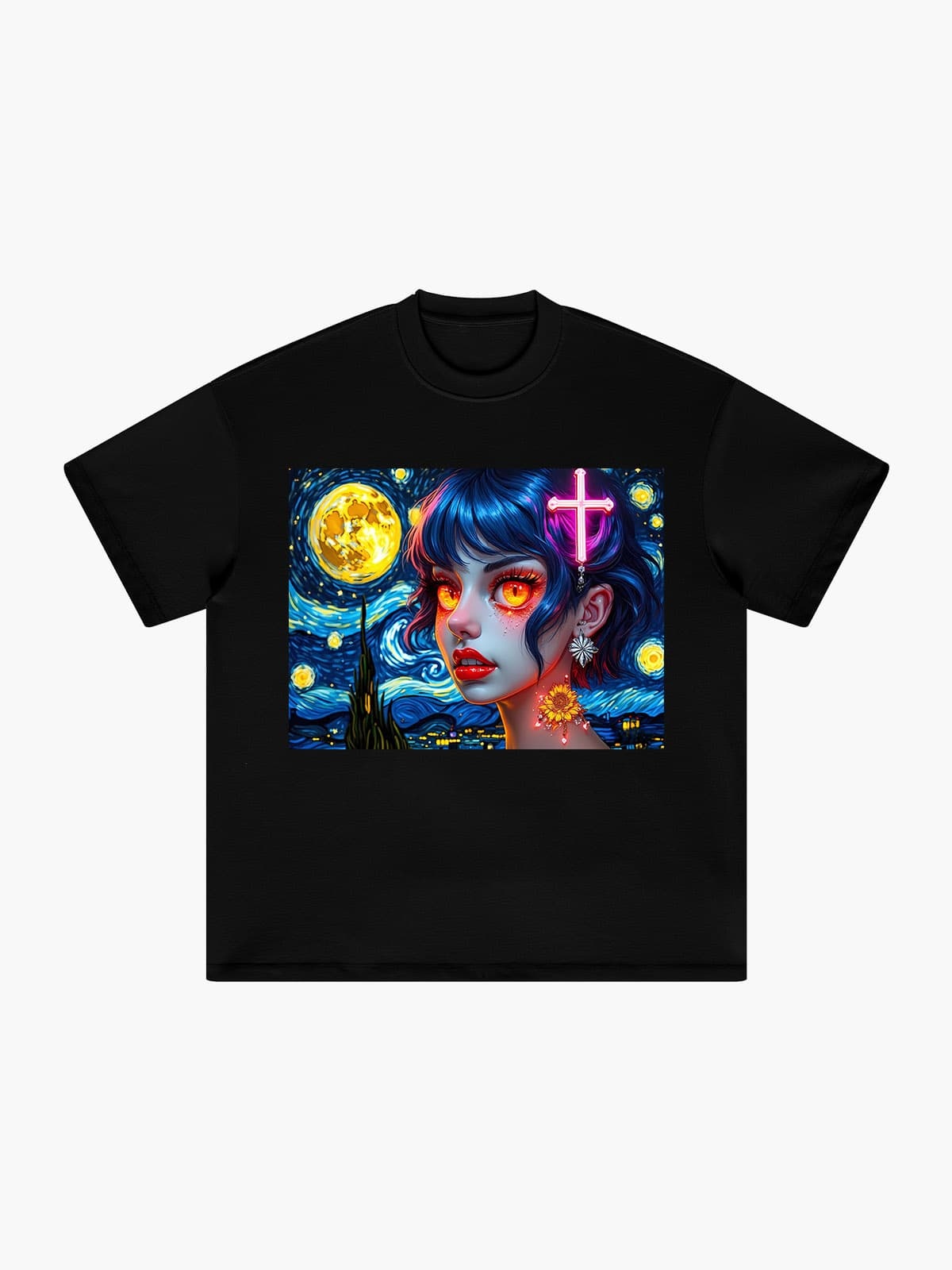 Neon Cross Girl T-shirt Artistic Graphic Print  Tee