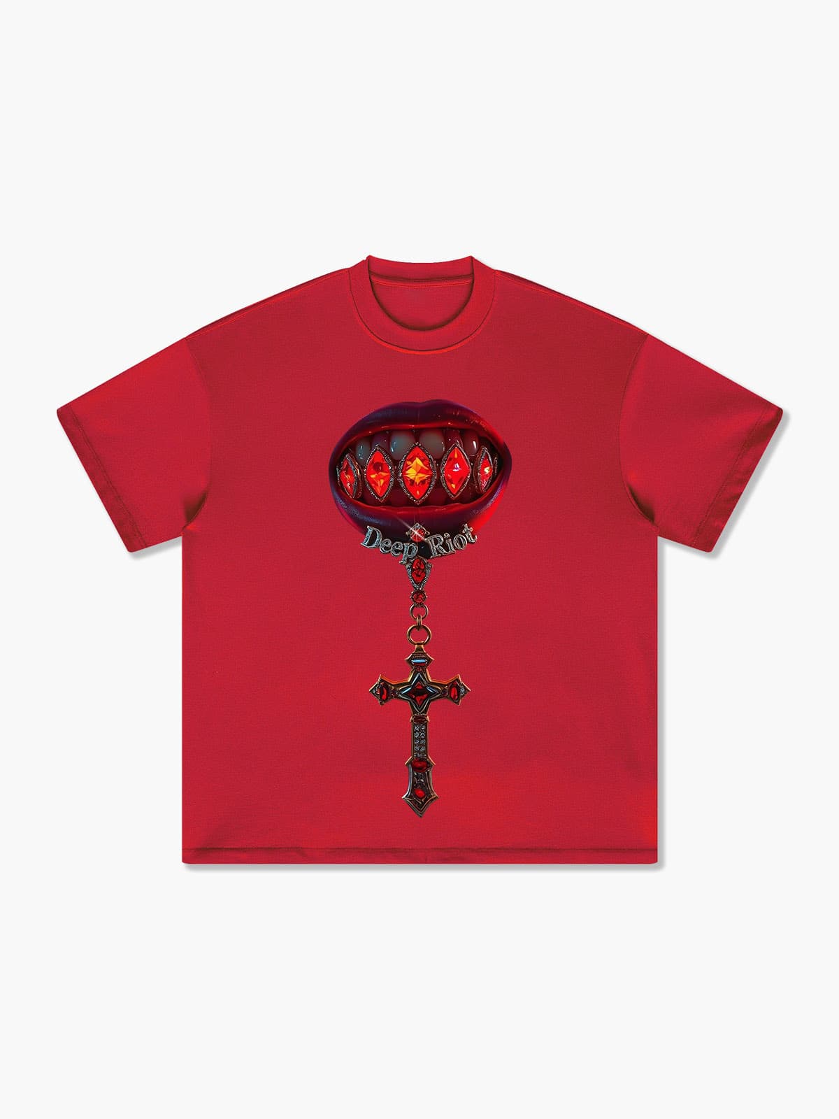 Bold Graphic T-shirt with Red Lips and Gemstone Details