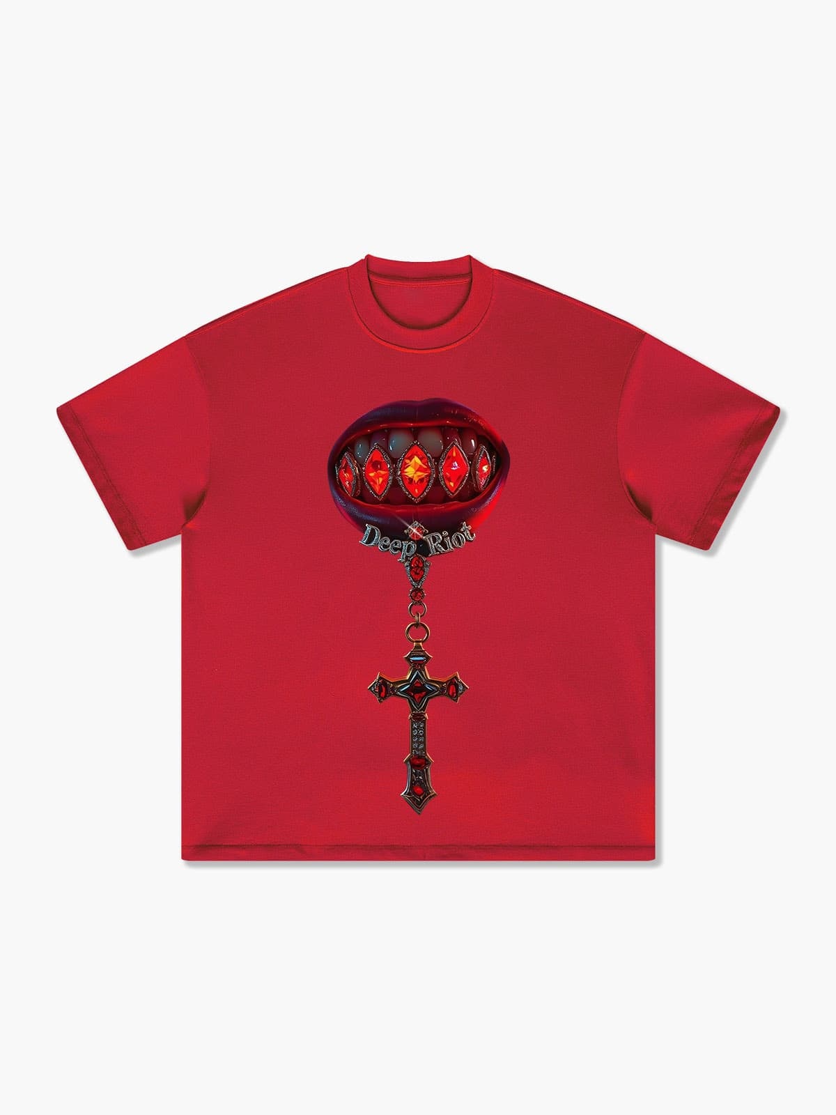 Bold Graphic T-shirt with Red Lips and Gemstone Details