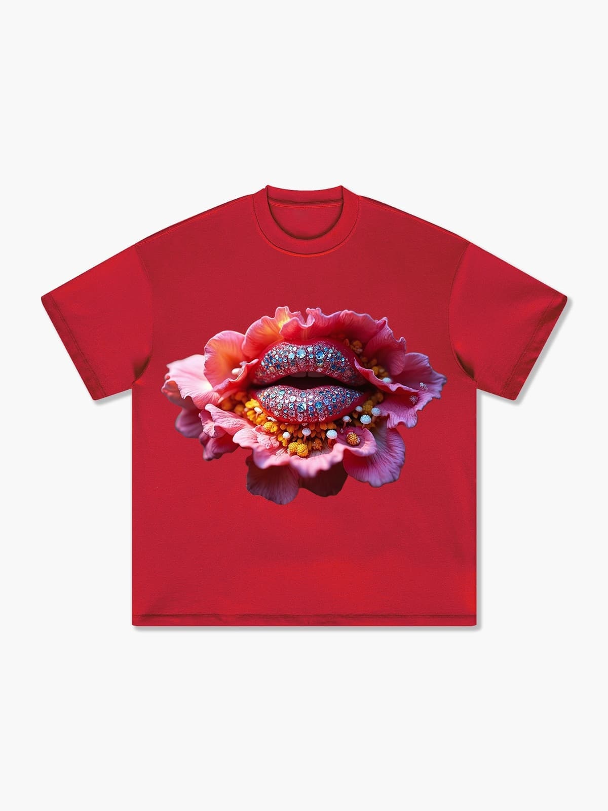 Glitter Lips Floral Bold Graphic  T-Shirt
