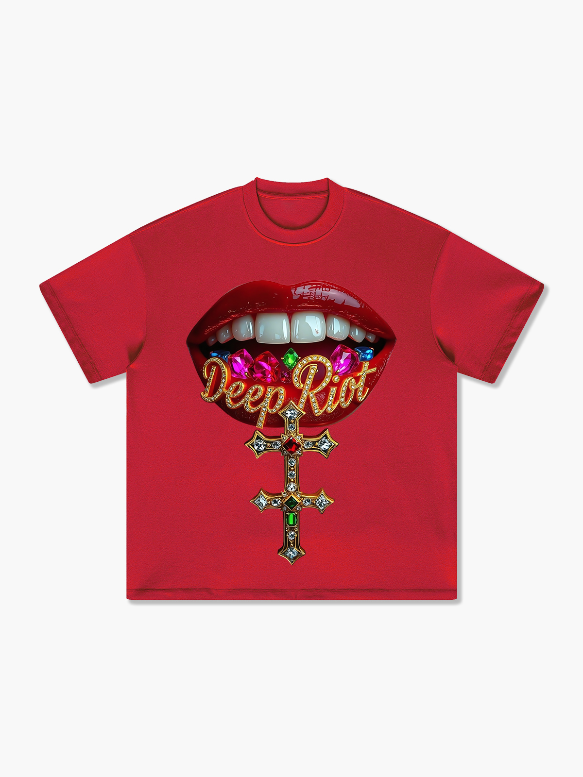 Bold Graphic Deep Riot Cross Design Jeweled Lips T-Shirt