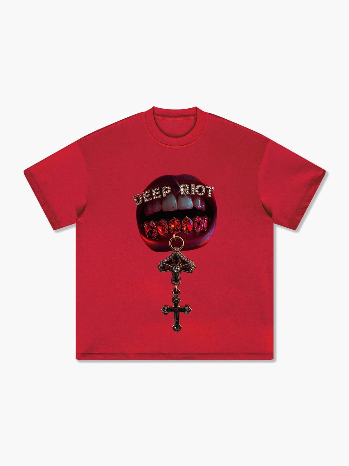 Heavyweight Cotton Lip Gem Cross Deep Riot Print T-Shirt