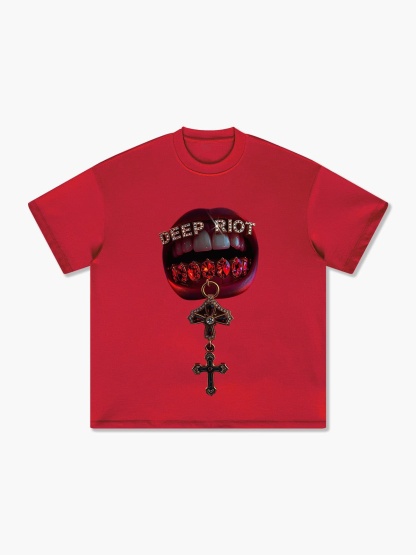 Heavyweight Cotton Lip Gem Cross Deep Riot Print T-Shirt