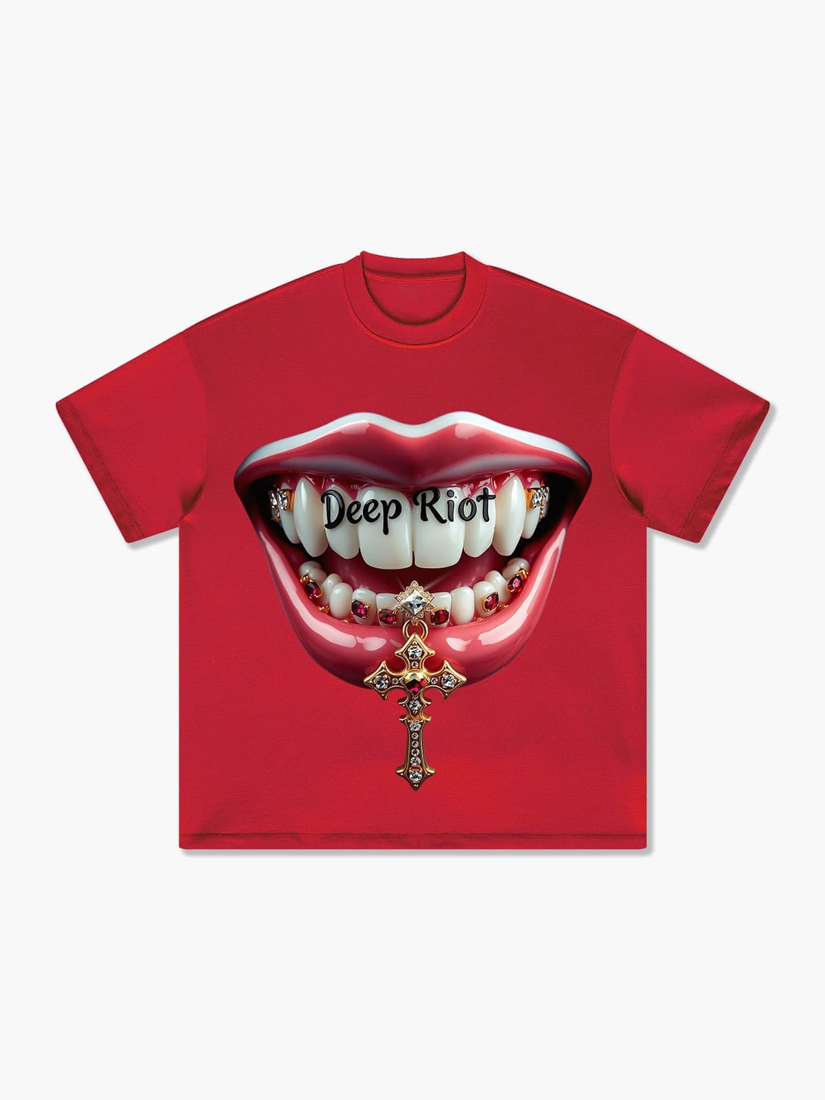 Deep Riot Clown Smile T-Shirt with Gemstone Cross Pendant