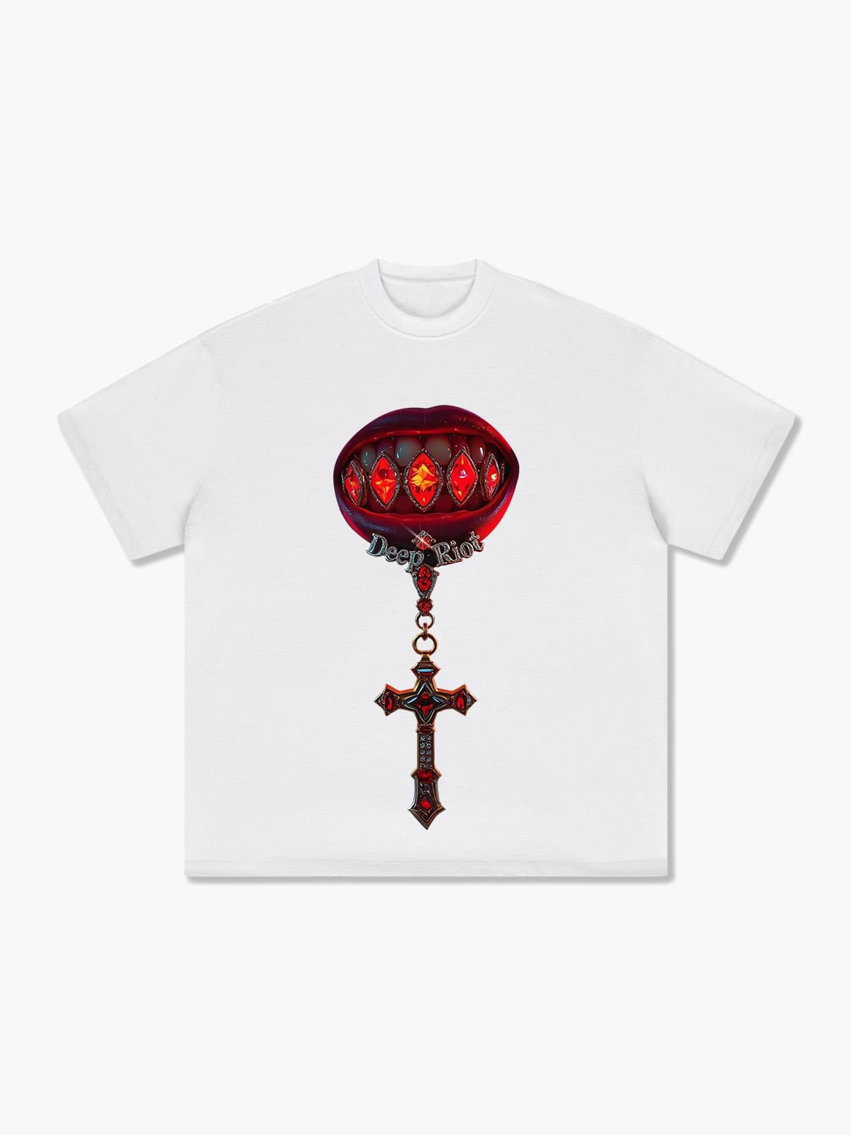 Bold Graphic T-shirt with Red Lips and Gemstone Details
