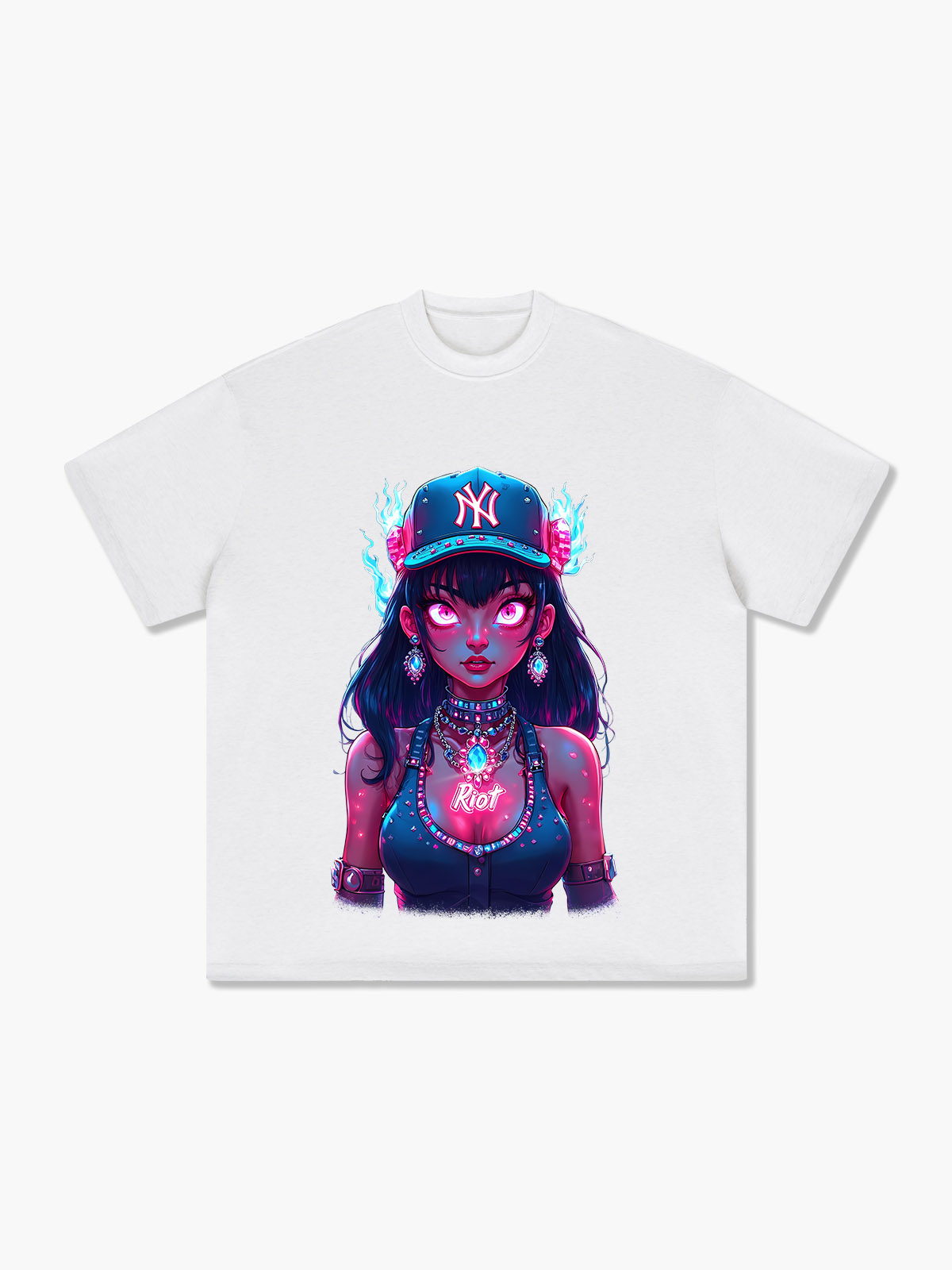 Edgy Anime-Inspired T-shirt with NY Cap and Pink Glowing Eyes