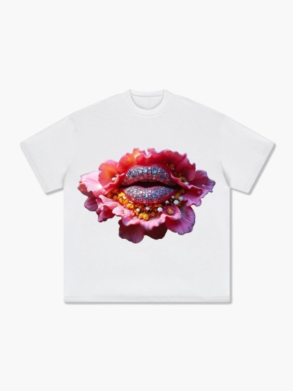 Glitter Lips Floral Bold Graphic  T-Shirt