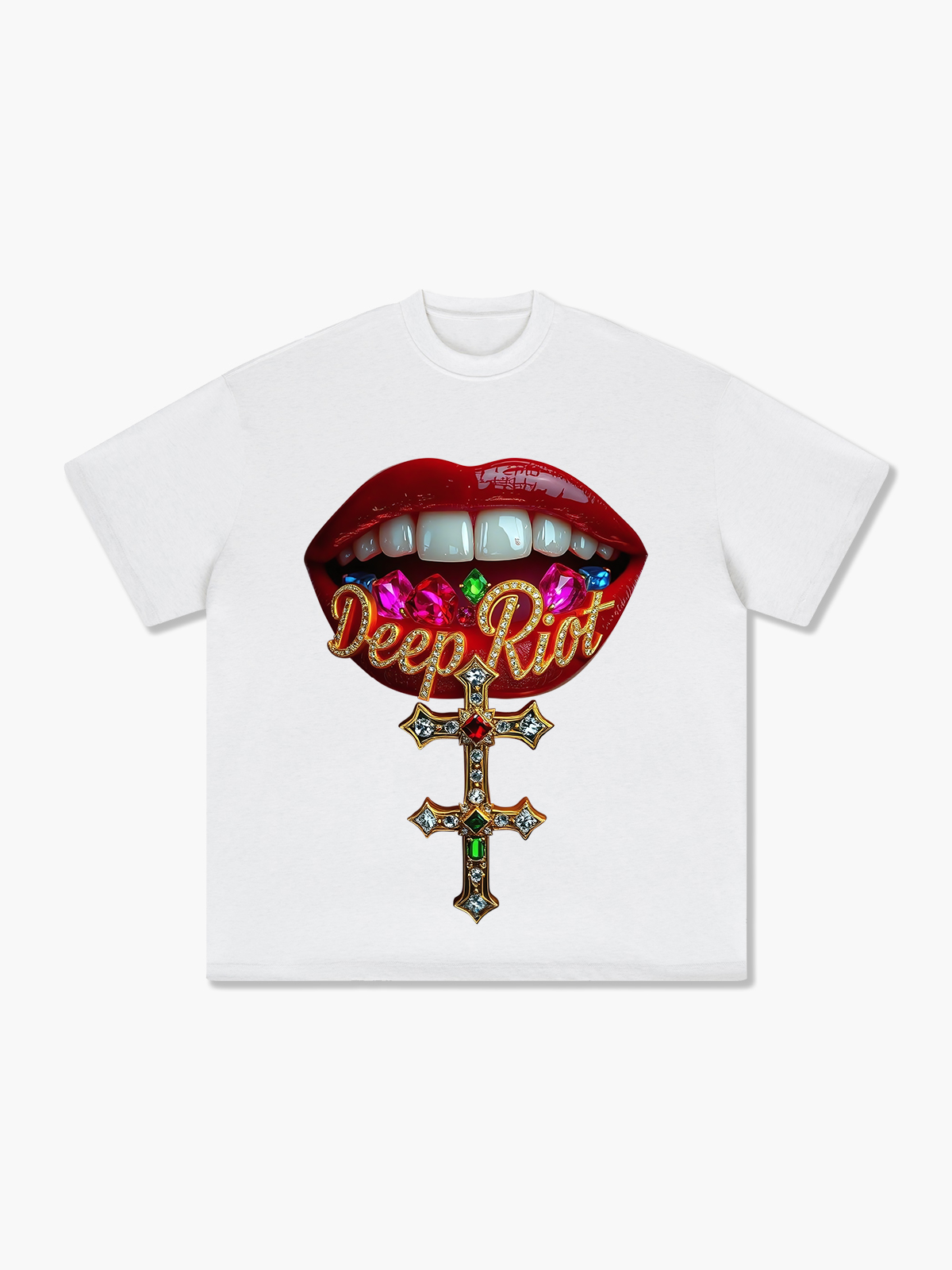 Bold Graphic Deep Riot Cross Design Jeweled Lips T-Shirt