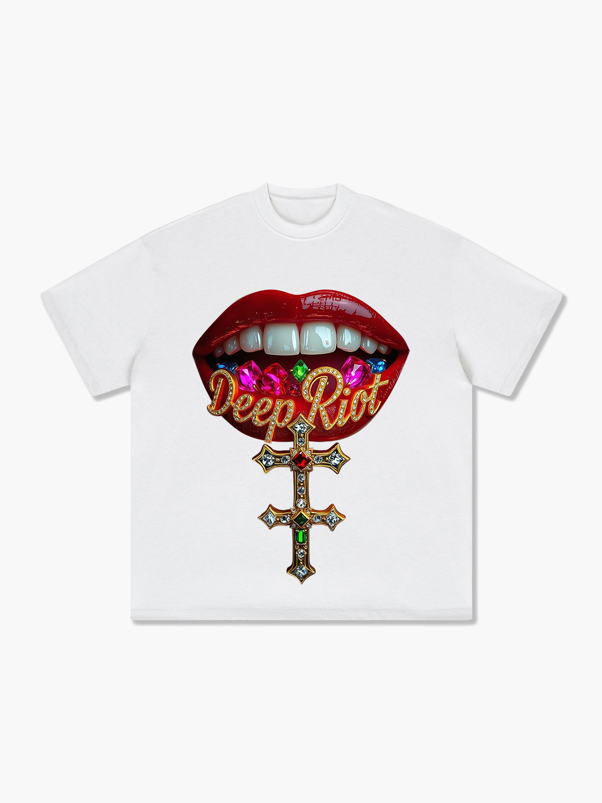 Bold Graphic Deep Riot Cross Design Jeweled Lips T-Shirt