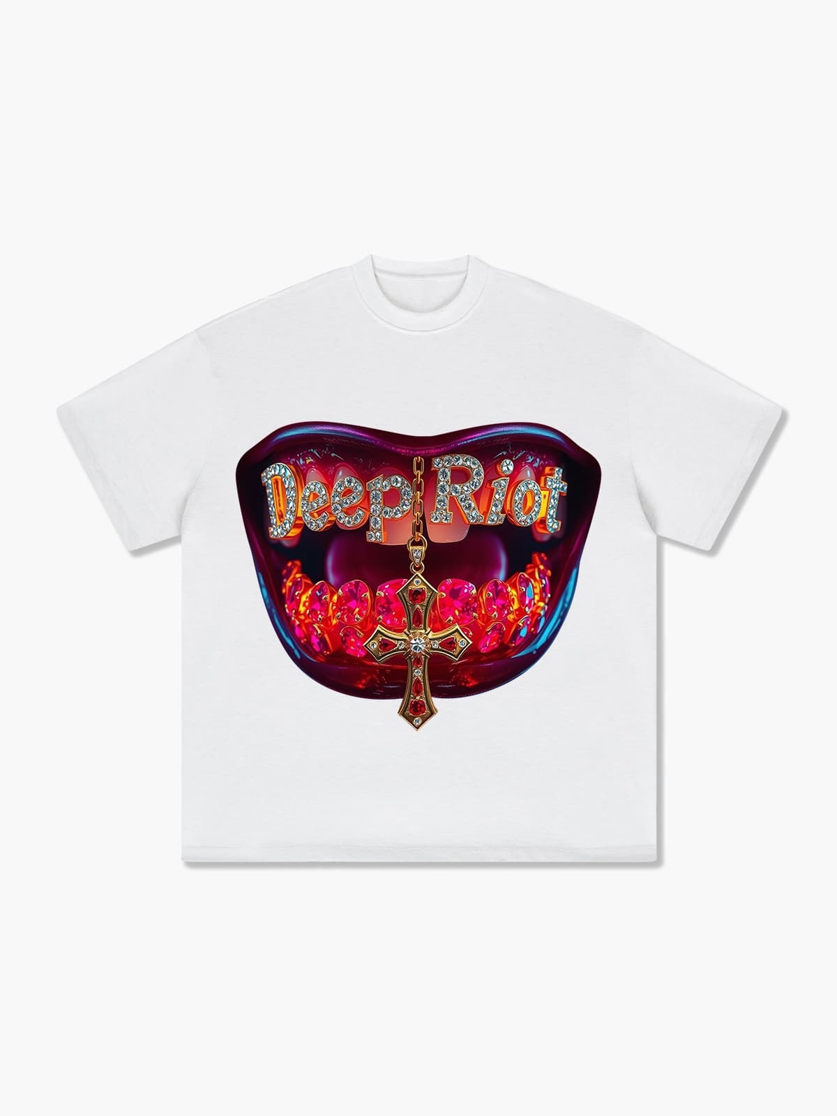 Demon Mouth Glimmering Gemstones Cross T-Shirt