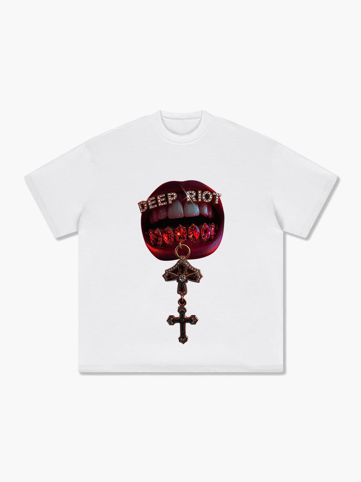 Heavyweight Cotton Lip Gem Cross Deep Riot Print T-Shirt