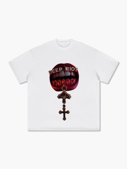 Heavyweight Cotton Lip Gem Cross Deep Riot Print T-Shirt
