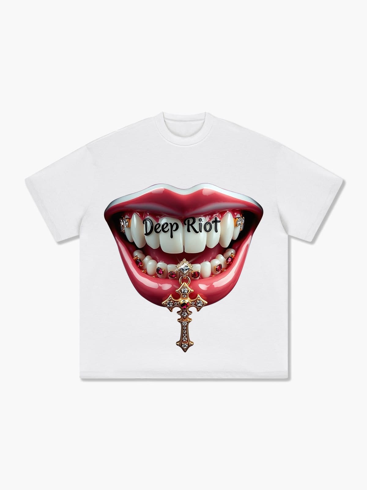 Deep Riot Clown Smile T-Shirt with Gemstone Cross Pendant