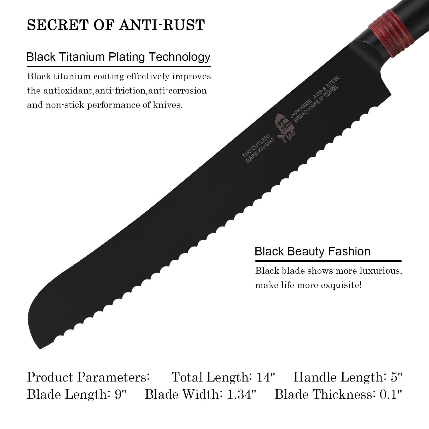 TC1605 Bread 9''-Serrated Bread Cutter Cake Carving Knife Black Titanium coated Blade-TUO Cutlery