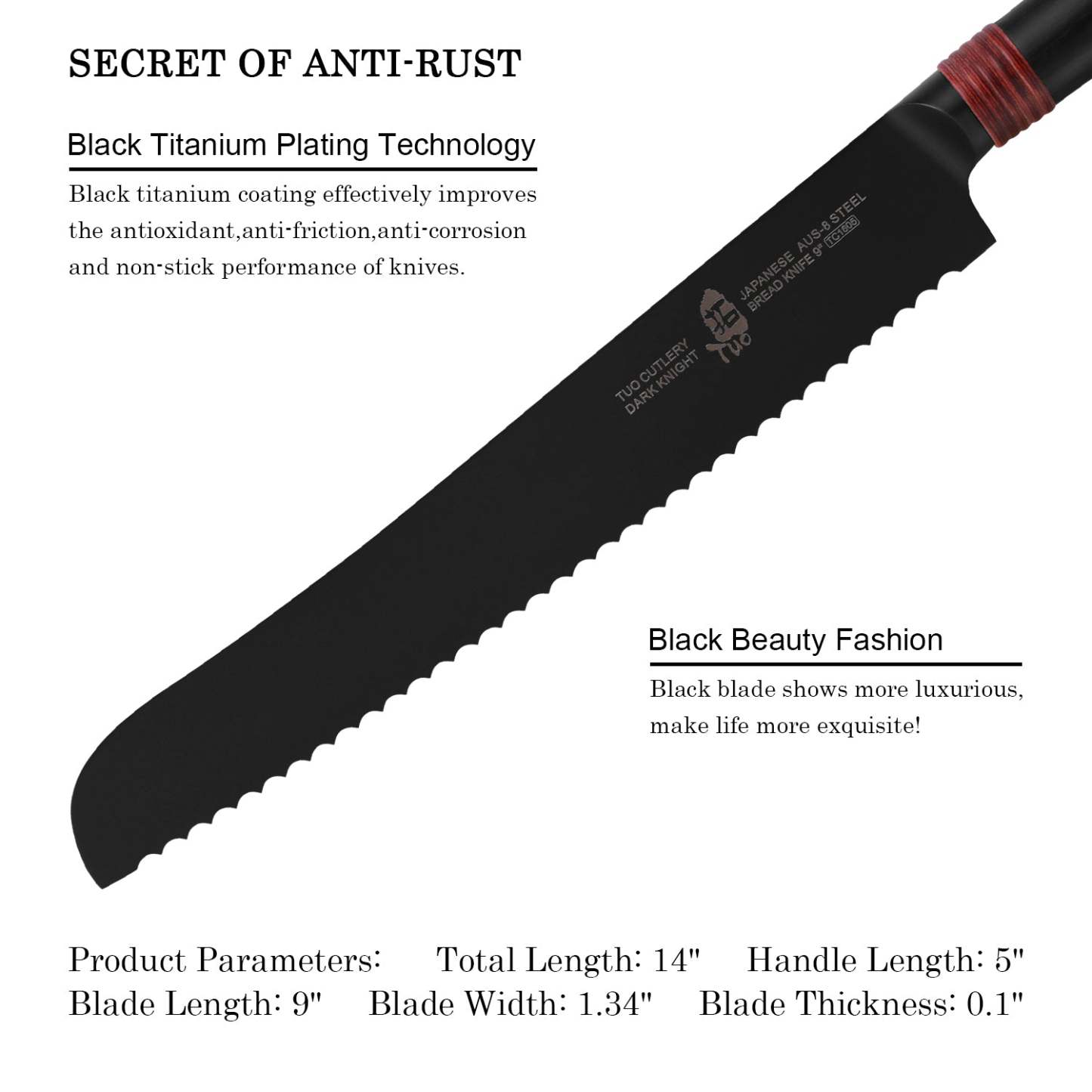 TC1605 Bread 9''-Serrated Bread Cutter Cake Carving Knife Black Titanium coated Blade-TUO Cutlery