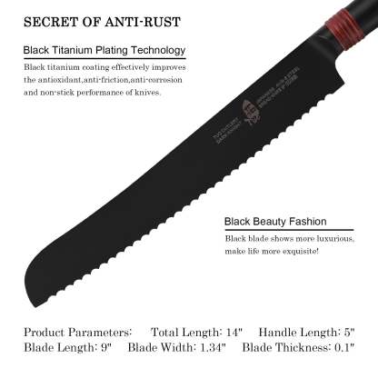 TC1605 Bread 9''-Serrated Bread Cutter Cake Carving Knife Black Titanium coated Blade-TUO Cutlery