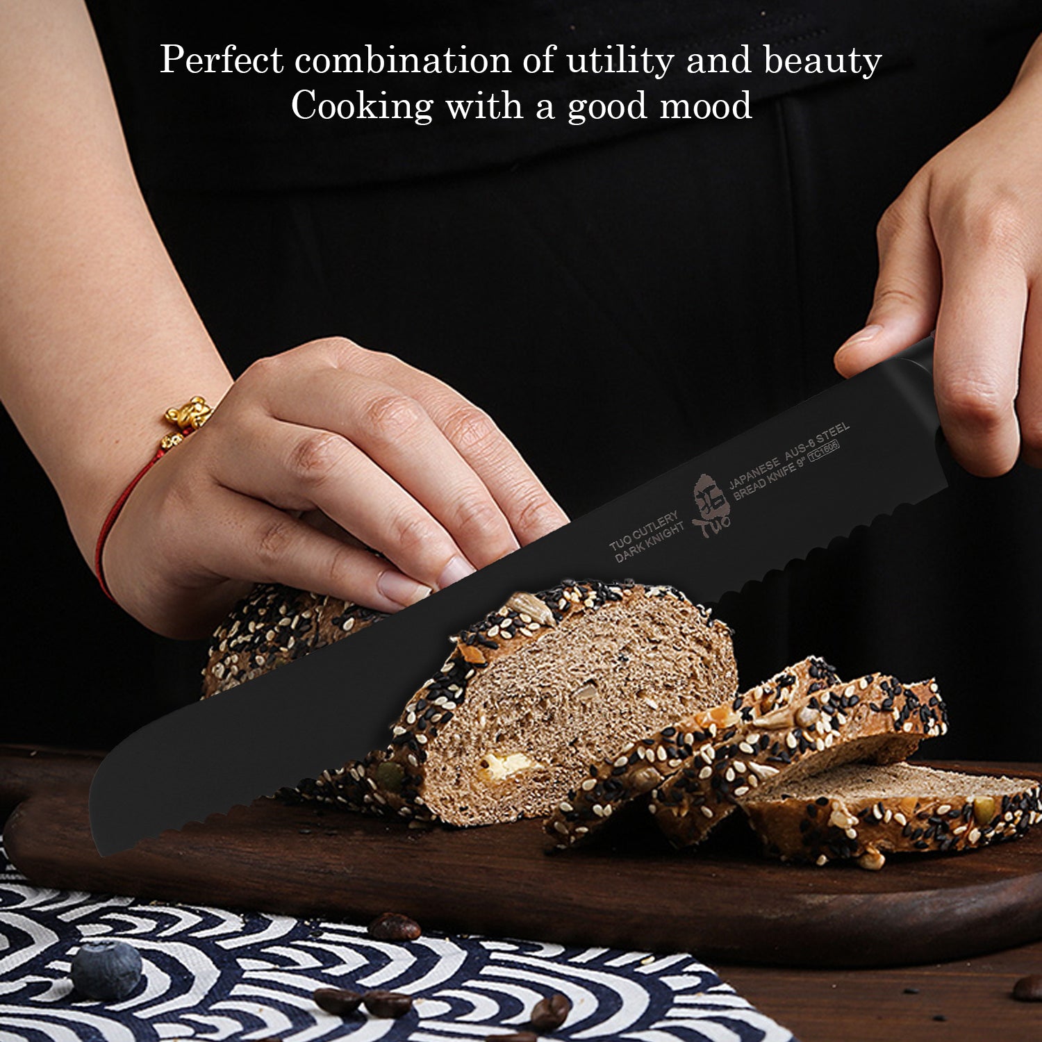 TC1605 Bread 9''-Serrated Bread Cutter Cake Carving Knife Black Titanium coated Blade-TUO Cutlery