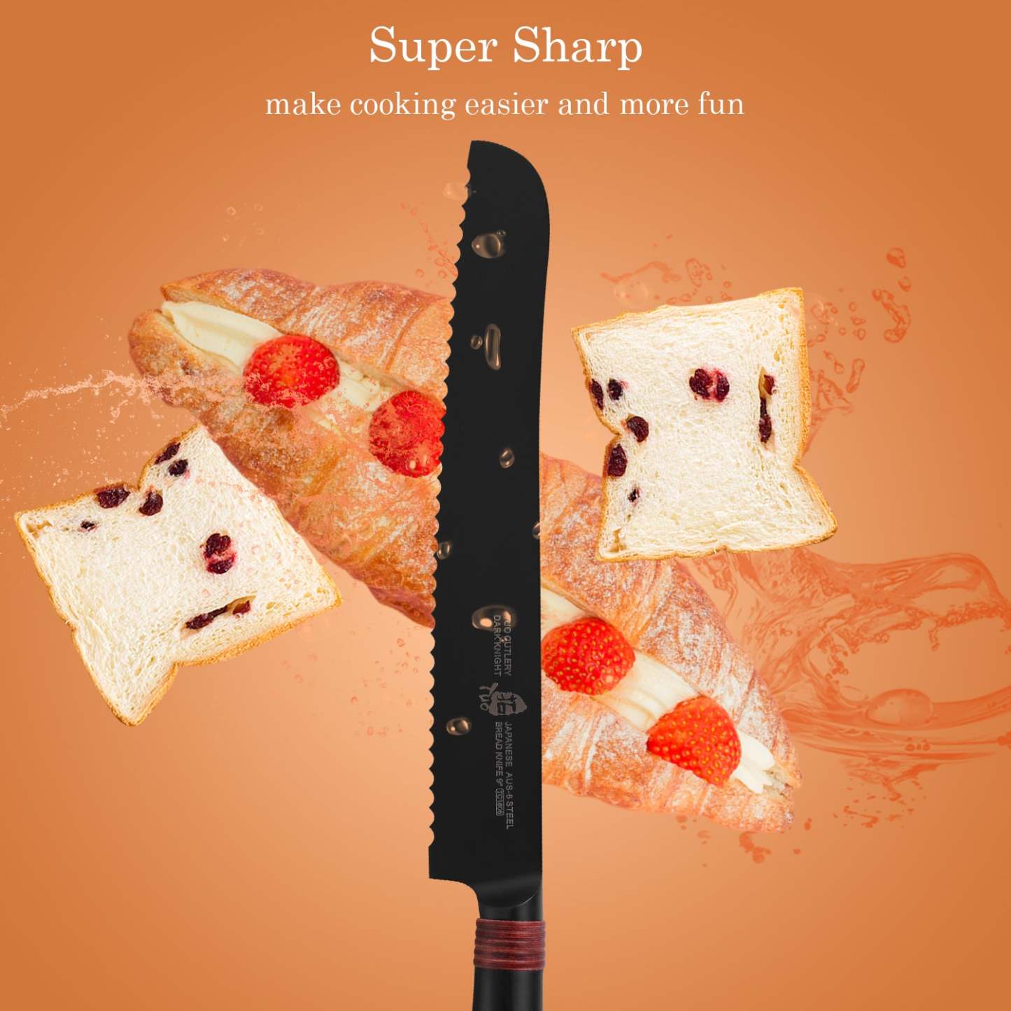 TC1605 Bread 9''-Serrated Bread Cutter Cake Carving Knife Black Titanium coated Blade-TUO Cutlery