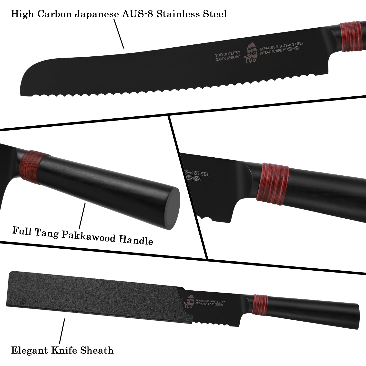 TC1605 Bread 9''-Serrated Bread Cutter Cake Carving Knife Black Titanium coated Blade-TUO Cutlery