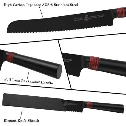 TC1605 Bread 9''-Serrated Bread Cutter Cake Carving Knife Black Titanium coated Blade-TUO Cutlery